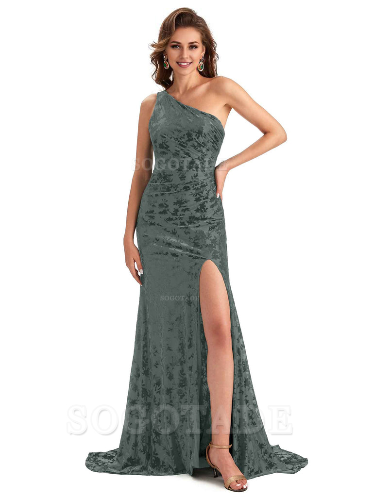 Sexy Side Slit One Shoulder Mermaid Floral Velvet Long Modern Bridesmaid Dresses