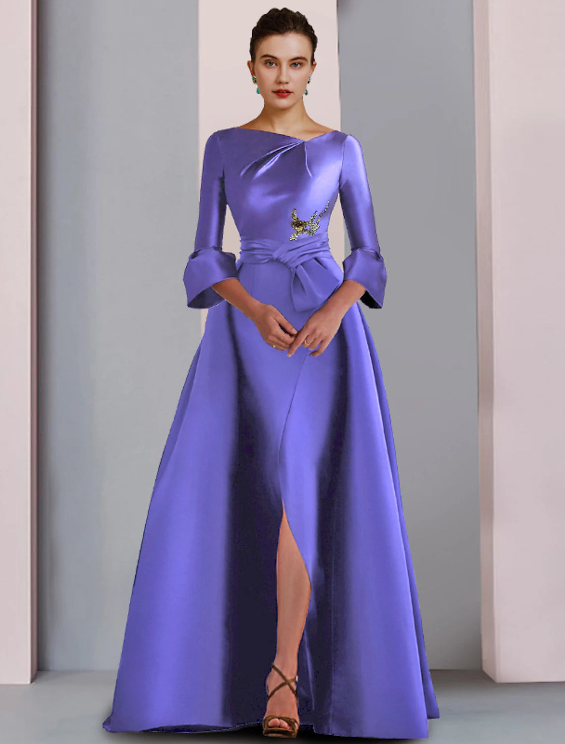 A-Line Mother of the Bride Dress Formal Party Elegant Scoop Neck Floor Length Satin 3/4 Length Sleeve with Bow(s) Pleats Embroidery-SOGOTADE