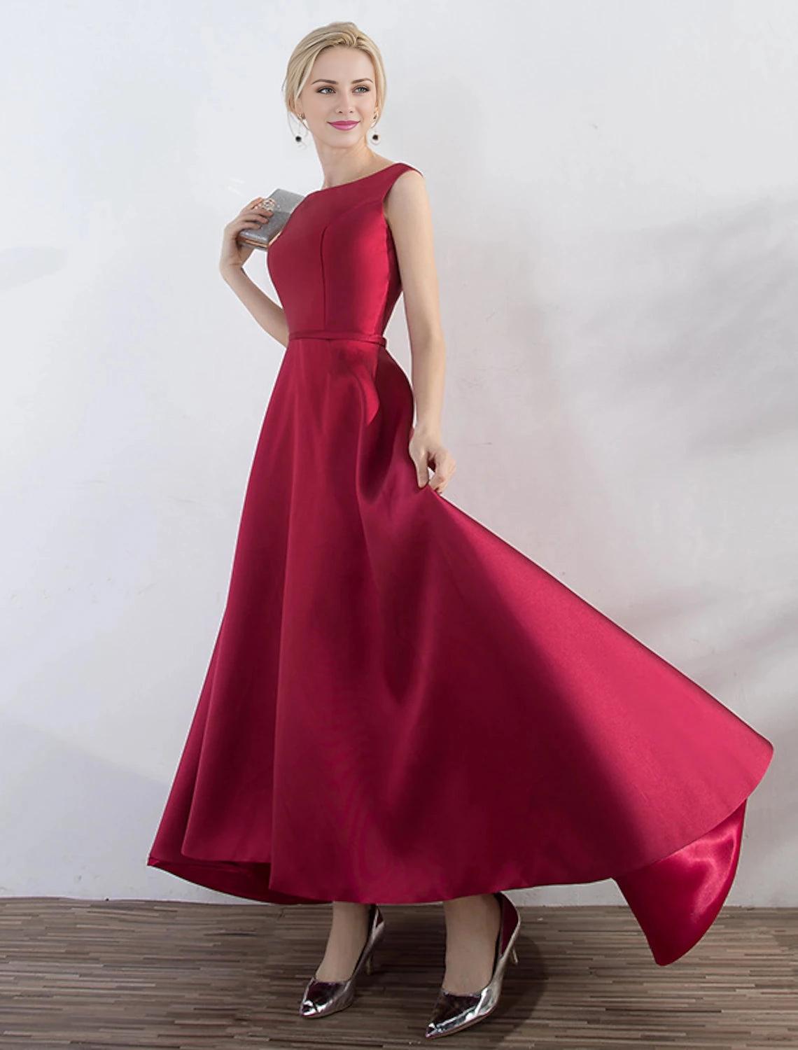 A-Line Evening Gown Red Green Dress Wedding Guest Party Wear Asymmetrical Sleeveless Jewel Neck Satin with Sleek-SOGOTADE