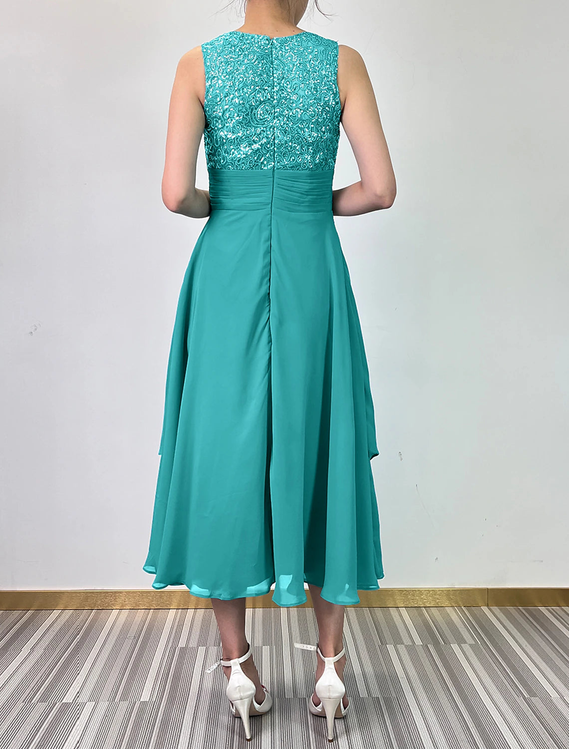 A-Line Cocktail Dresses Tiered Plisse Dress Wedding Guest Kentucky Derby Ankle Length Sleeveless Jewel Neck Fall Wedding Guest Chiffon with Sequin Appliques-SOGOTADE