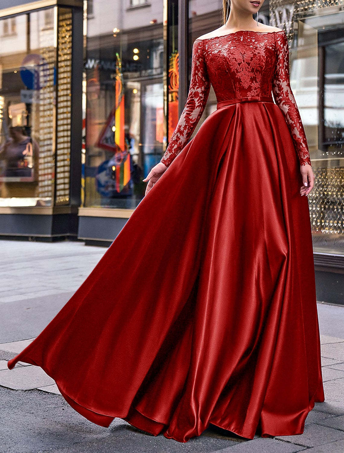 A-Line Evening Gown Party Dress Christmas Red Green Dress Elegant Dress Wedding Guest Fall Floor Length Long Sleeve Off Shoulder Belt / Sash Satin with Appliques 2024-SOGOTADE