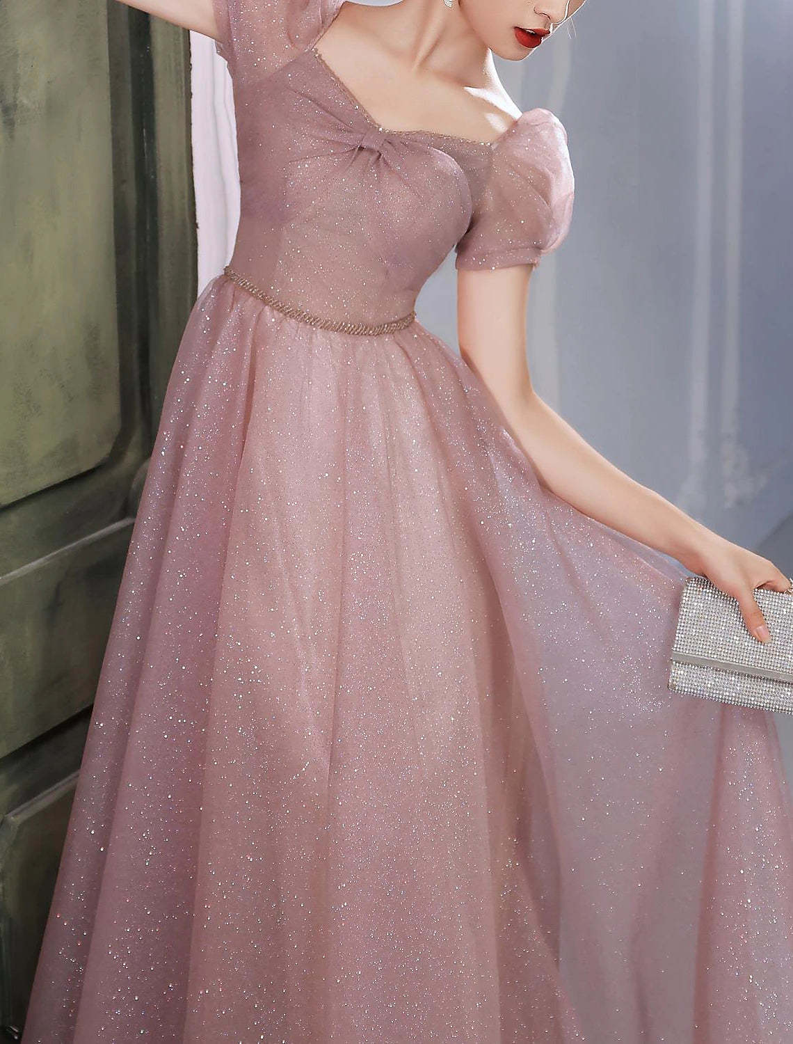 A-Line Beautiful Back Elegant Prom Formal Evening Birthday Dress Sweetheart Neckline Short Sleeve Floor Length Lace with Beading 2024 / Puff Balloon Sleeve-SOGOTADE