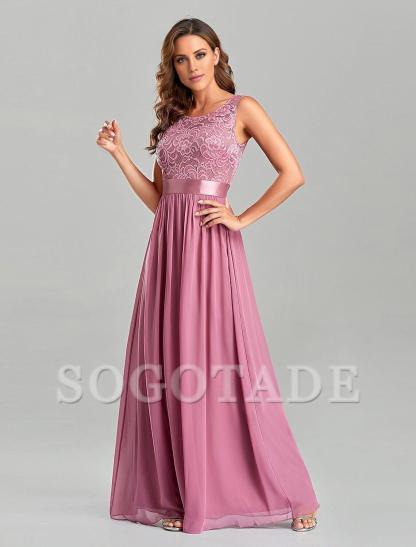 A-Line Evening Gown Empire Dress Party Wear Wedding Guest Floor Length Short Sleeve Jewel Neck Chiffon with Embroidery-SOGOTADE