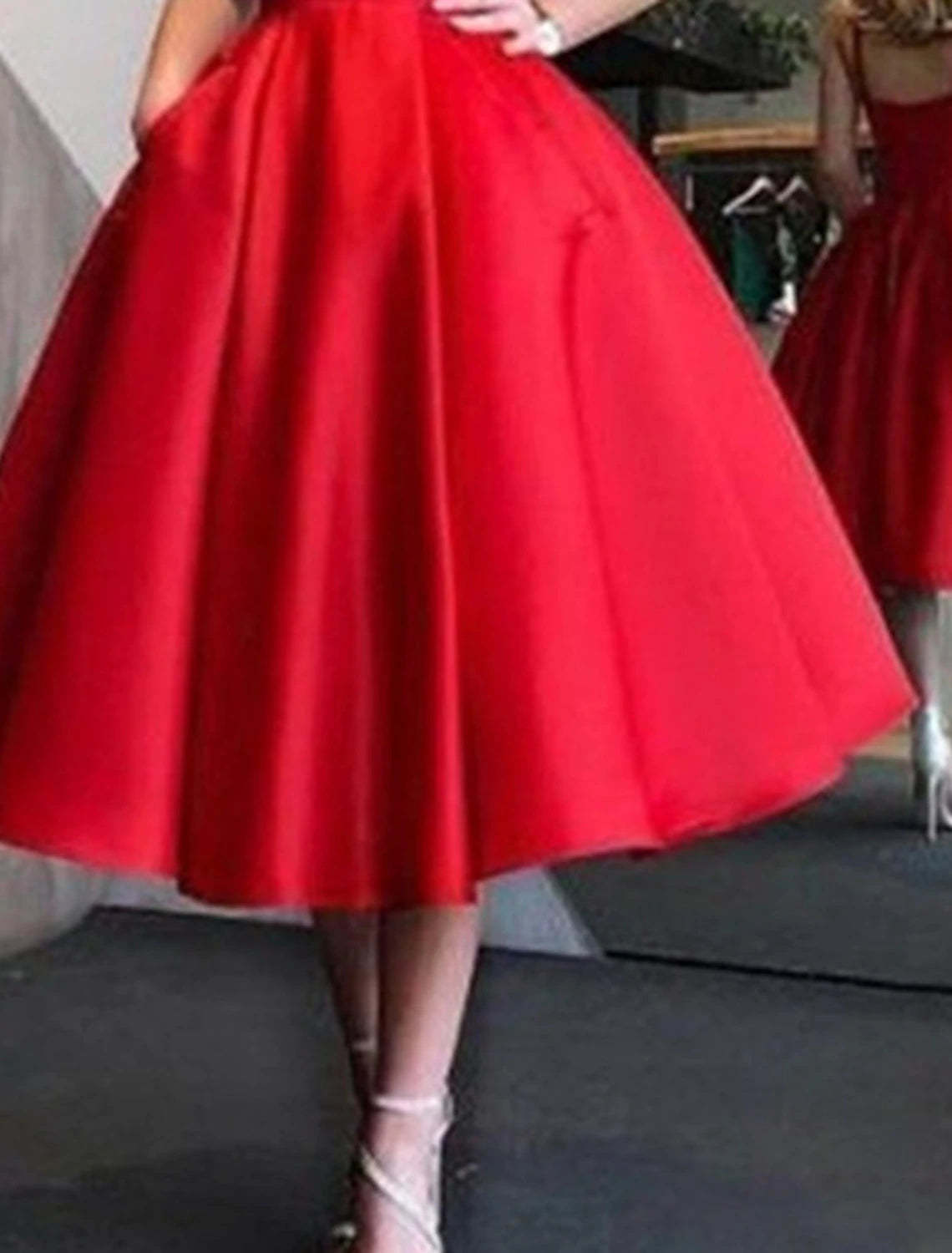 A-Line Homecoming Dresses Elegant Dress Holiday Graduation Tea Length Sleeveless Spaghetti Strap Pink Dress Satin with Pleats-SOGOTADE