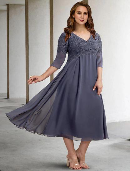 A-Line Plus Size Curve Mother of the Bride Dresses Elegant Dress Formal Wedding Guest Tea Length Half Sleeve V Neck Chiffon with Buttons Appliques