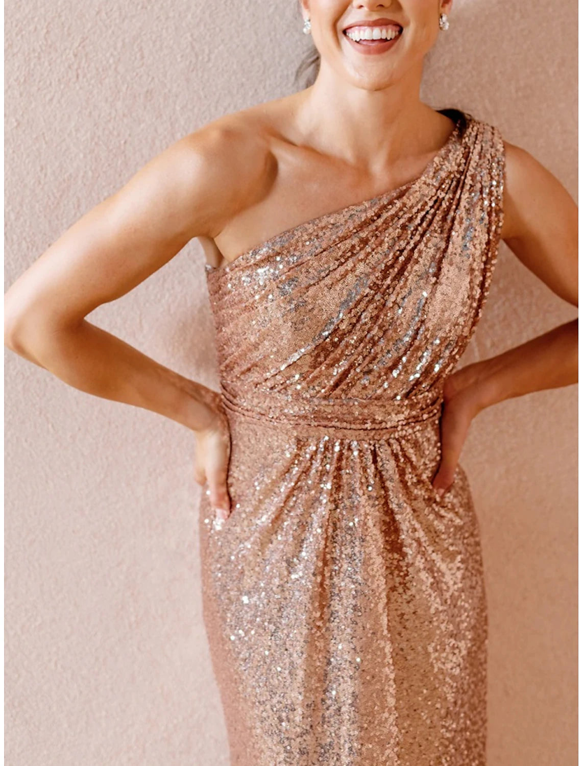 A-Line Bridesmaid Dress One Shoulder Sleeveless Glitter & Sparkle Sweep / Brush Train Sequined with Ruching-SOGOTADE