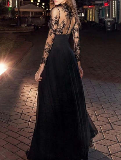 A-Line Evening Gown Vintage Dress Masquerade Floor Length Long Sleeve High Neck Black Dress Chiffon with Appliques-SOGOTADE