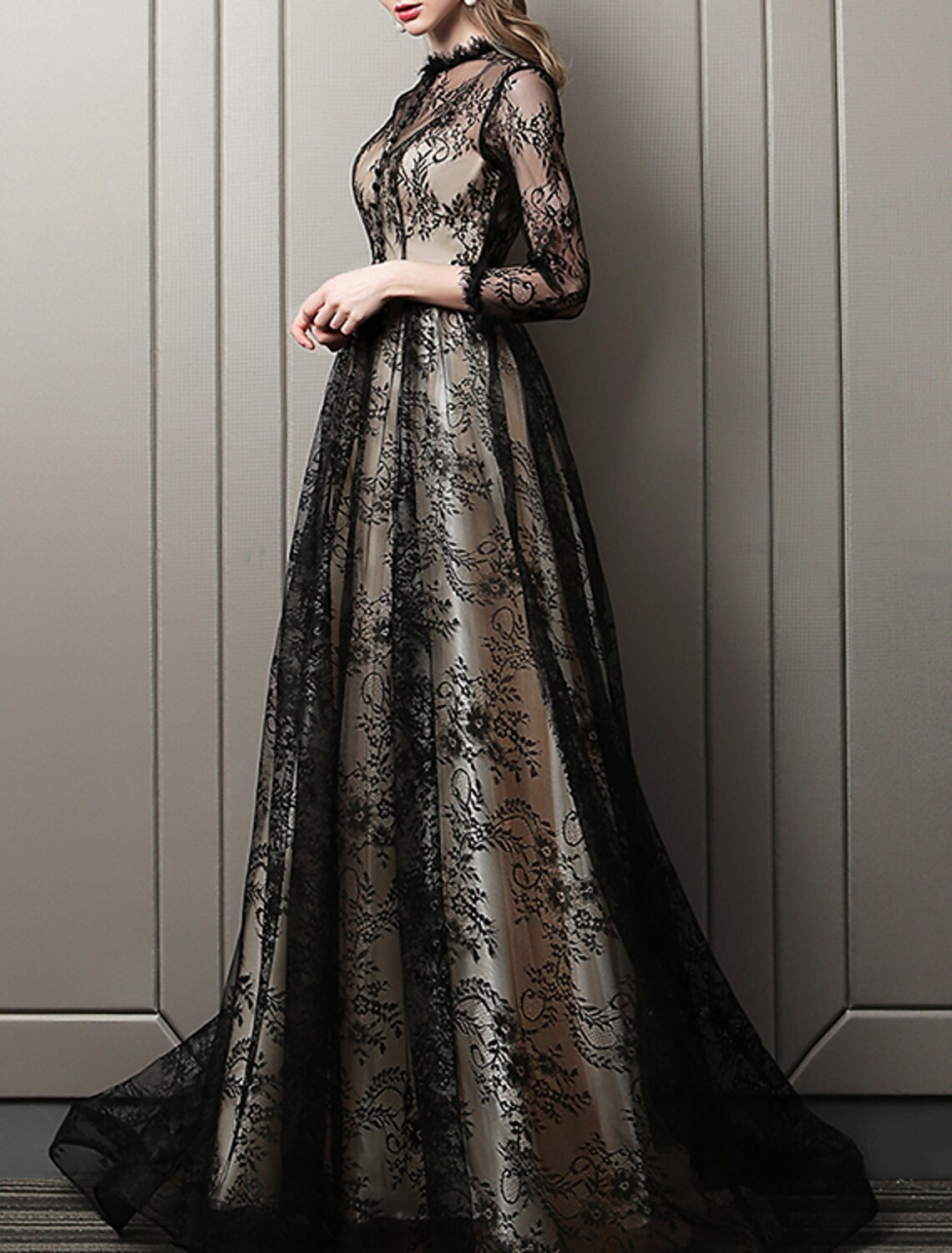 A-Line Evening Gown Cut Out Dress Wedding Guest Formal Evening Sweep / Brush Train 3/4 Length Sleeve Jewel Neck Lace with Pattern / Print 2024-SOGOTADE