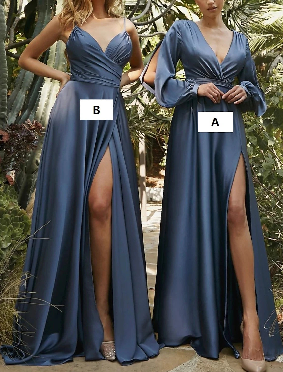 A-Line Bridesmaid Dress V Neck Long Sleeve Blue Floor Length Chiffon with Split Front / Ruching-SOGOTADE