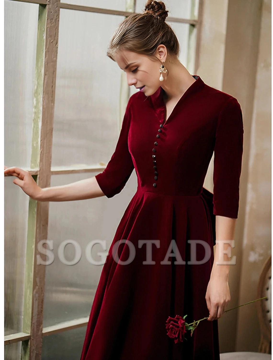 A-Line Minimalist Vintage Party Wear Cocktail Party Dress V Neck Half Sleeve Tea Length Velvet with Sleek-SOGOTADE
