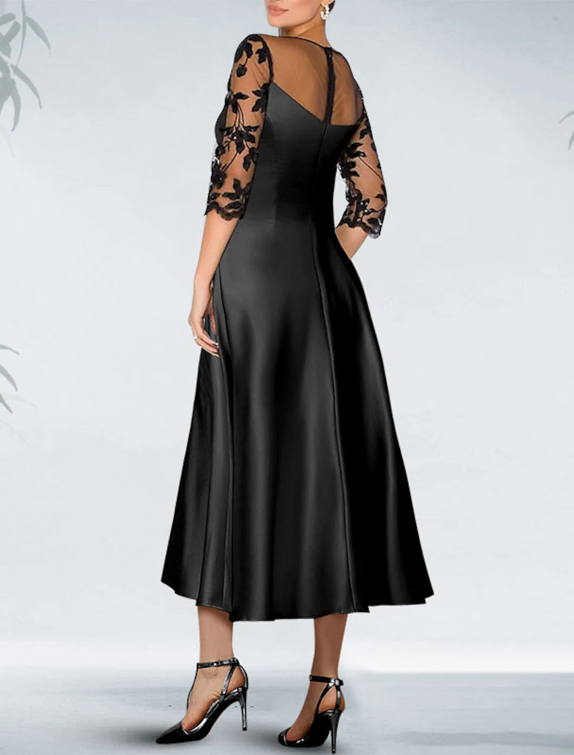 A-Line Cocktail Black Dress Plus Size Appliques Elegant Dress Fall Wedding Guest Dress For Mother Knee Length 3/4 Length Sleeve Off Shoulder Pocket Satin with Beading Pocket 2024-SOGOTADE