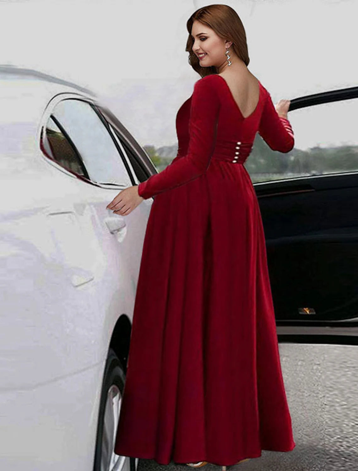 A-Line Empire Plus Size Holiday Formal Evening Dress V Neck Long Sleeve Floor Length Stretch Chiffon with Pleats Slit Pure Color 2024-SOGOTADE