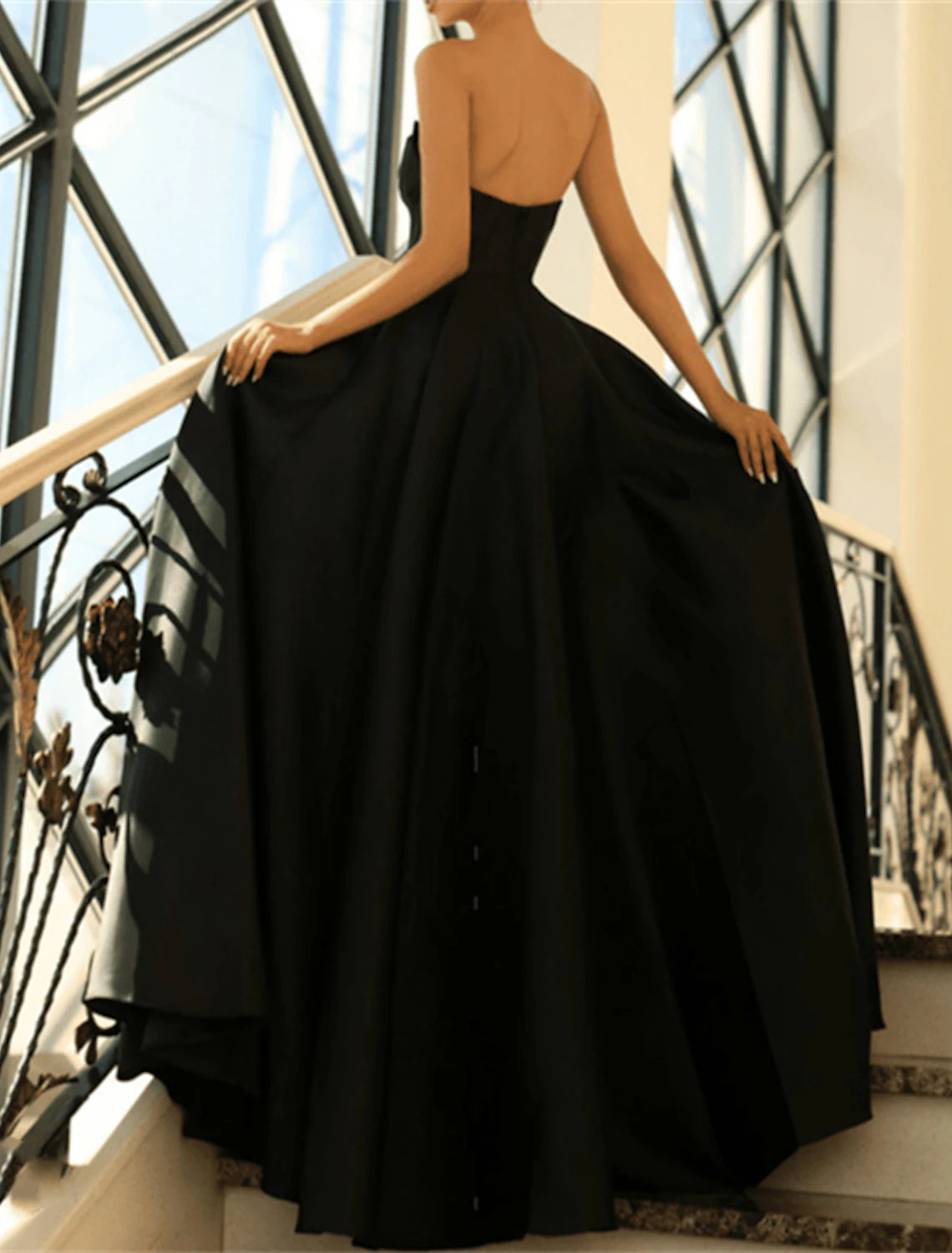A-Line Evening Gown Elegant Black Dress Plus Size Formal Masquerade Floor Length Sleeveless Strapless Satin with Ruched Slit-SOGOTADE