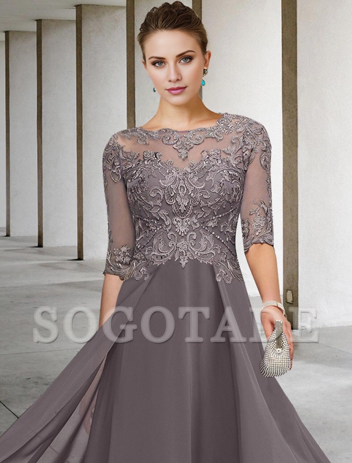 A-Line Mother of the Bride Dress Formal Wedding Guest Elegant Scoop Neck Asymmetrical Ankle Length Chiffon Lace Half Sleeve No with Beading Appliques-SOGOTADE
