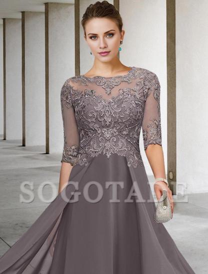 A-Line Mother of the Bride Dress Formal Wedding Guest Elegant Scoop Neck Asymmetrical Ankle Length Chiffon Lace Half Sleeve No with Beading Appliques-SOGOTADE