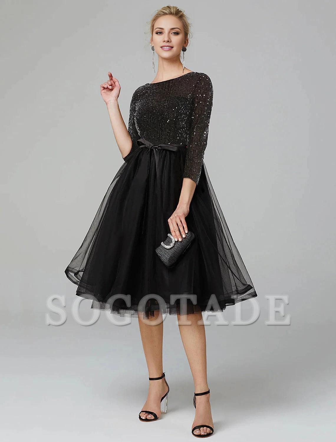 A-Line Cocktail Dresses Sparkle & Shine Dress Formal Wedding Guest Tea Length 3/4 Length Sleeve Jewel Neck Fall Wedding Guest Tulle with Sequin Strappy-SOGOTADE