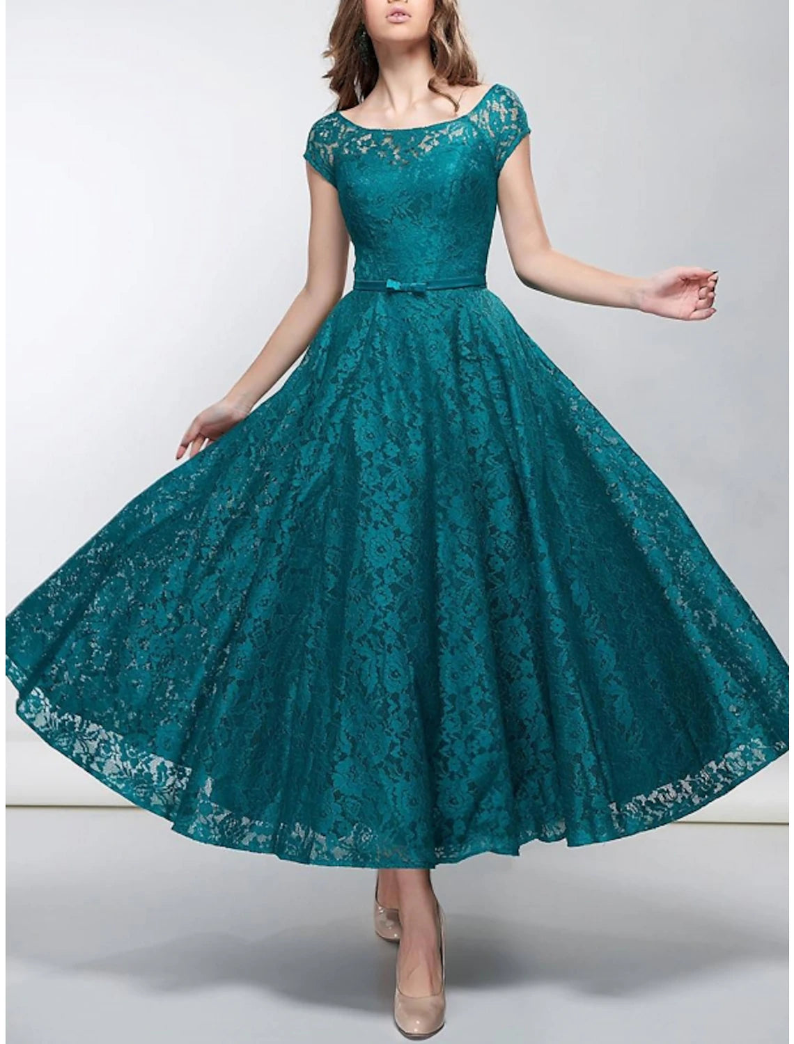 A-Line Cocktail Party Dress Elegant Dress Formal Ankle Length Short Sleeve Scoop Neck Fall Wedding Reception Satin with Bow(s) Pleats-SOGOTADE