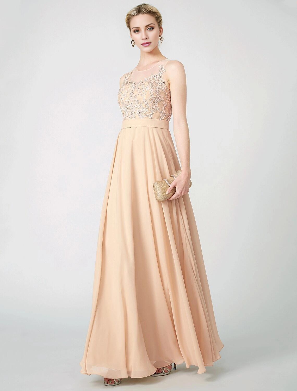 A-Line Classic & Timeless Keyhole Pastel Colors Holiday Cocktail Party Prom Dress Illusion Neck Sleeveless Floor Length Chiffon Beaded Lace with Pleats Appliques-SOGOTADE