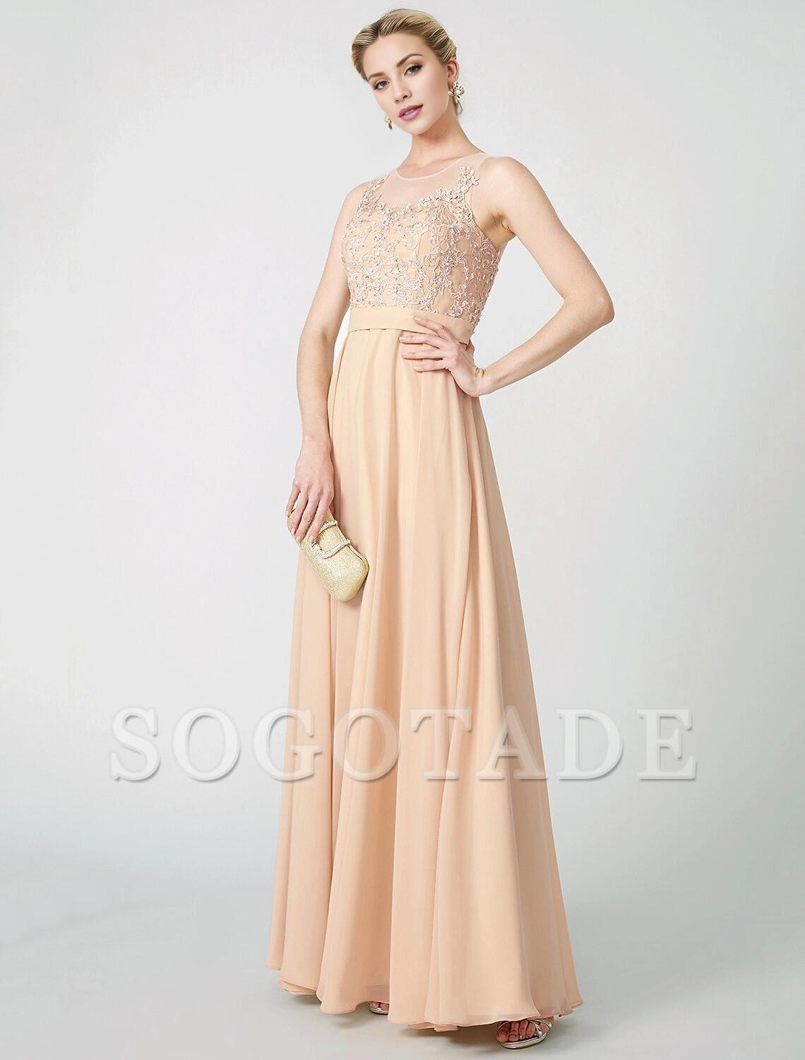 A-Line Classic & Timeless Keyhole Pastel Colors Holiday Cocktail Party Prom Dress Illusion Neck Sleeveless Floor Length Chiffon Beaded Lace with Pleats Appliques-SOGOTADE