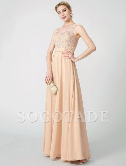 A-Line Classic & Timeless Keyhole Pastel Colors Holiday Cocktail Party Prom Dress Illusion Neck Sleeveless Floor Length Chiffon Beaded Lace with Pleats Appliques-SOGOTADE