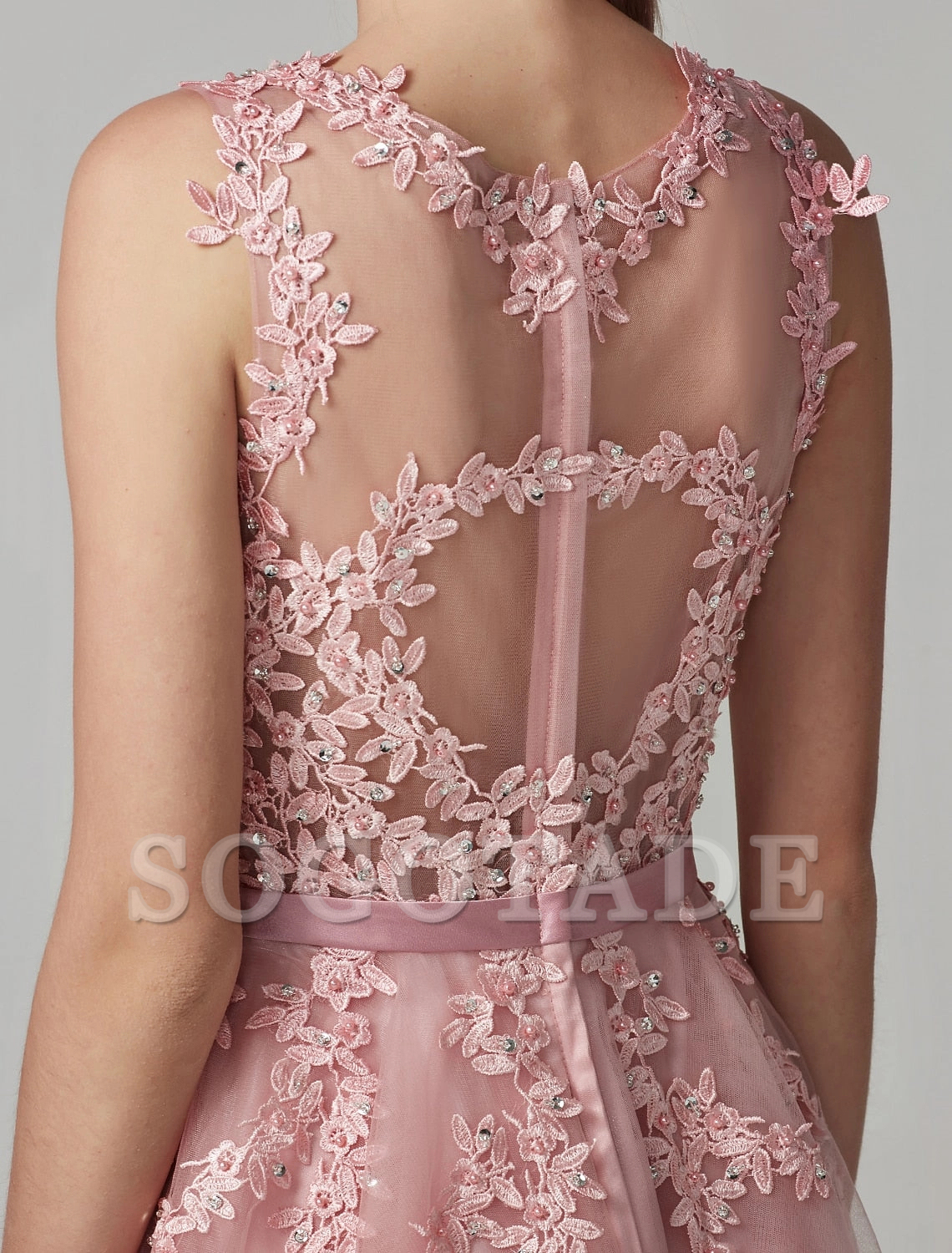 A-Line Cute Dress Cocktail Party Prom Knee Length Sleeveless Illusion Neck Tulle Over Lace with Beading Appliques-SOGOTADE