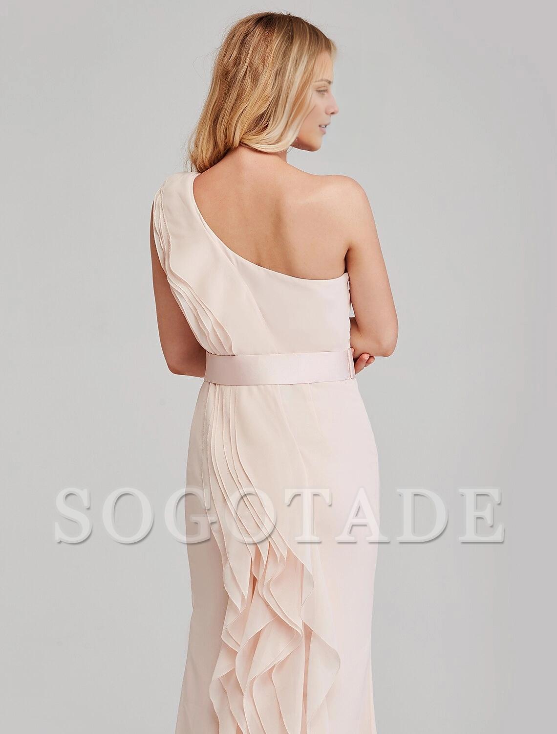 Sheath / Column Bridesmaid Dress One Shoulder Sleeveless Elegant Long Length Chiffon with Cascading Ruffles