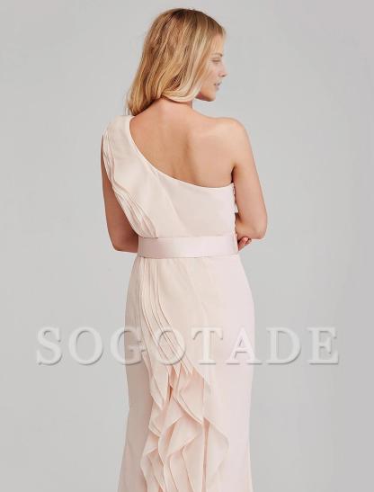 Sheath / Column Bridesmaid Dress One Shoulder Sleeveless Elegant Long Length Chiffon with Cascading Ruffles