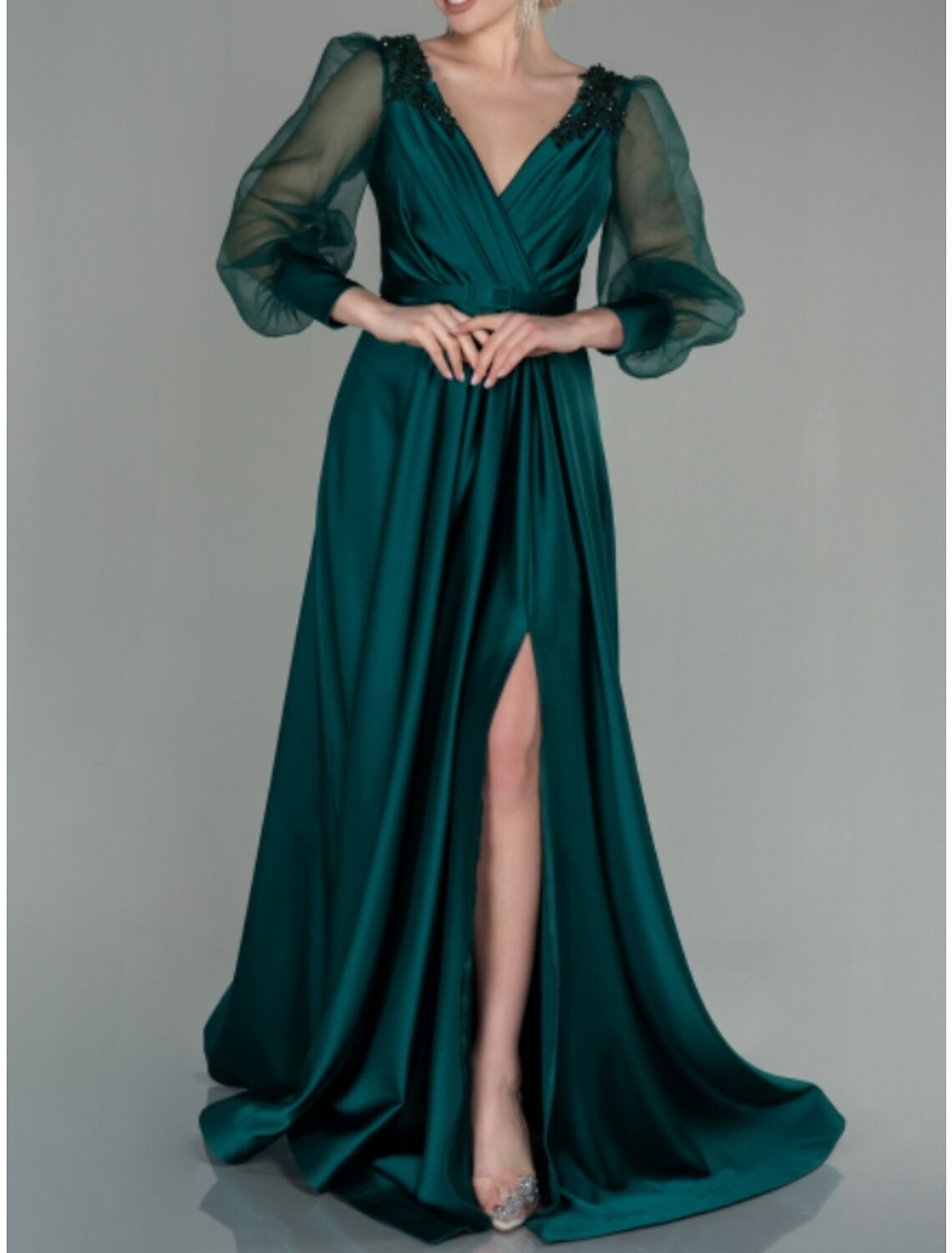 A-Line Evening Gown Elegant Dress Formal Fall Floor Length Long Sleeve V Neck Satin with Pleats Slit Shouder Flower 2024-SOGOTADE