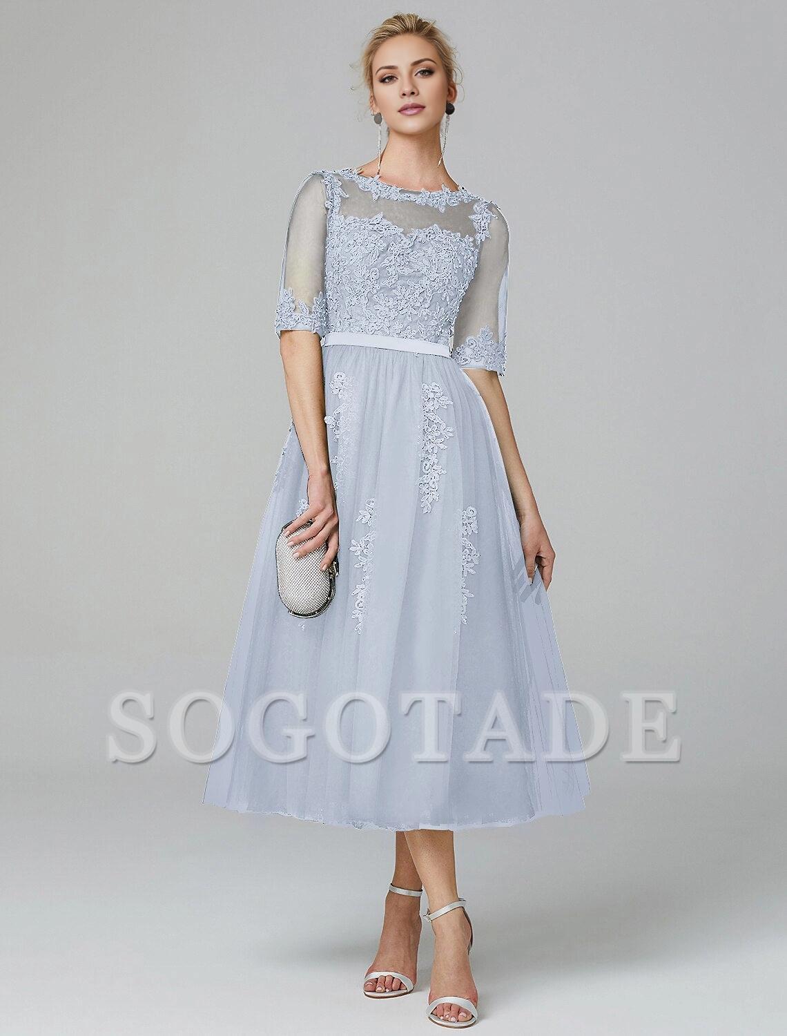 A-Line Cocktail Dress Christmas Red Green Dress Formal Evening Kentucky Derby Tea Length Sleeveless Illusion Neck Fall Wedding Guest Lace Over Tulle with Sequin Appliques-SOGOTADE