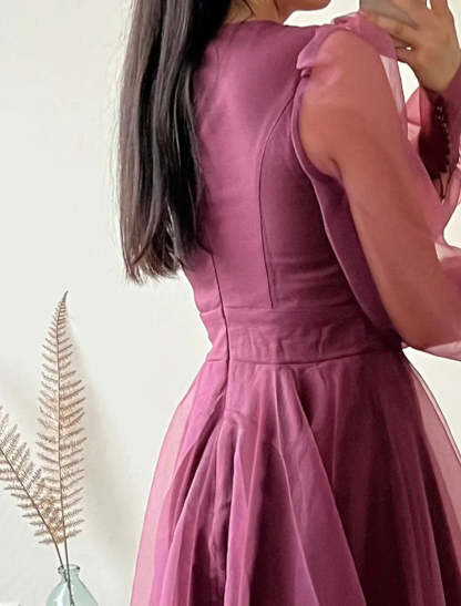 A-Line Cocktail Dresses Minimalist Dress Christmas Red Green Dress Wedding Guest Tea Length Long Sleeve V Neck Organza with Buttons Pure Color-SOGOTADE