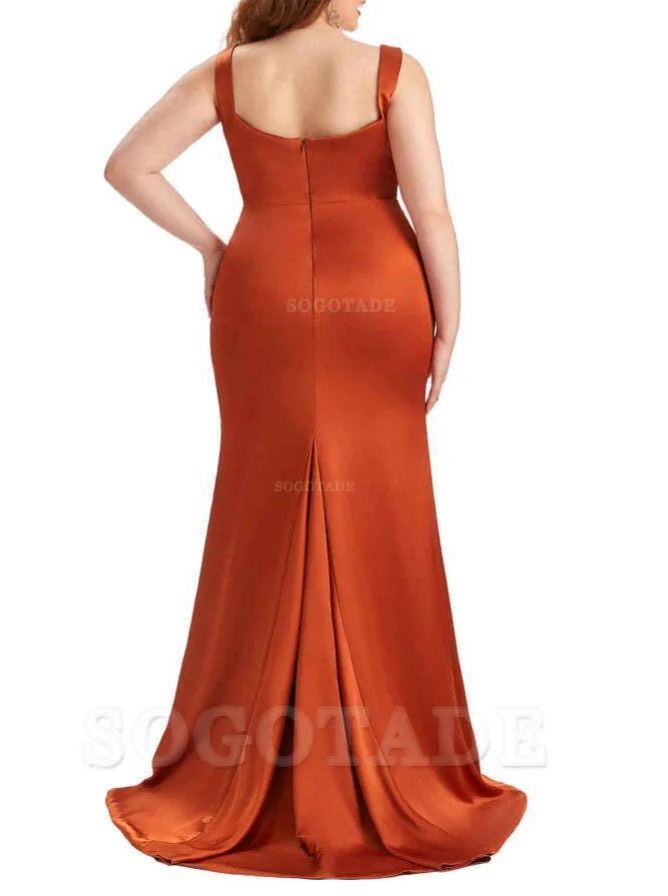 Sexy Side Slit Sleeveless Mermaid Straps Soft Satin Long Plus Size Maid of Bridesmaid Dresses