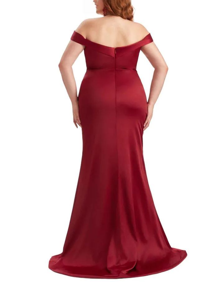 Elegant Off The Shoulder Sleeveless Side Slit Mermaid Soft Satin Long Plus Size Bridesmaid Gowns