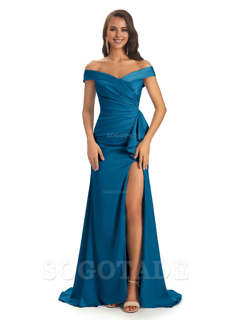 Sexy Soft Satin Side Slit Off The Shoulder Maxi Long Mermaid Bridesmaid Dresses prom shop dresses
