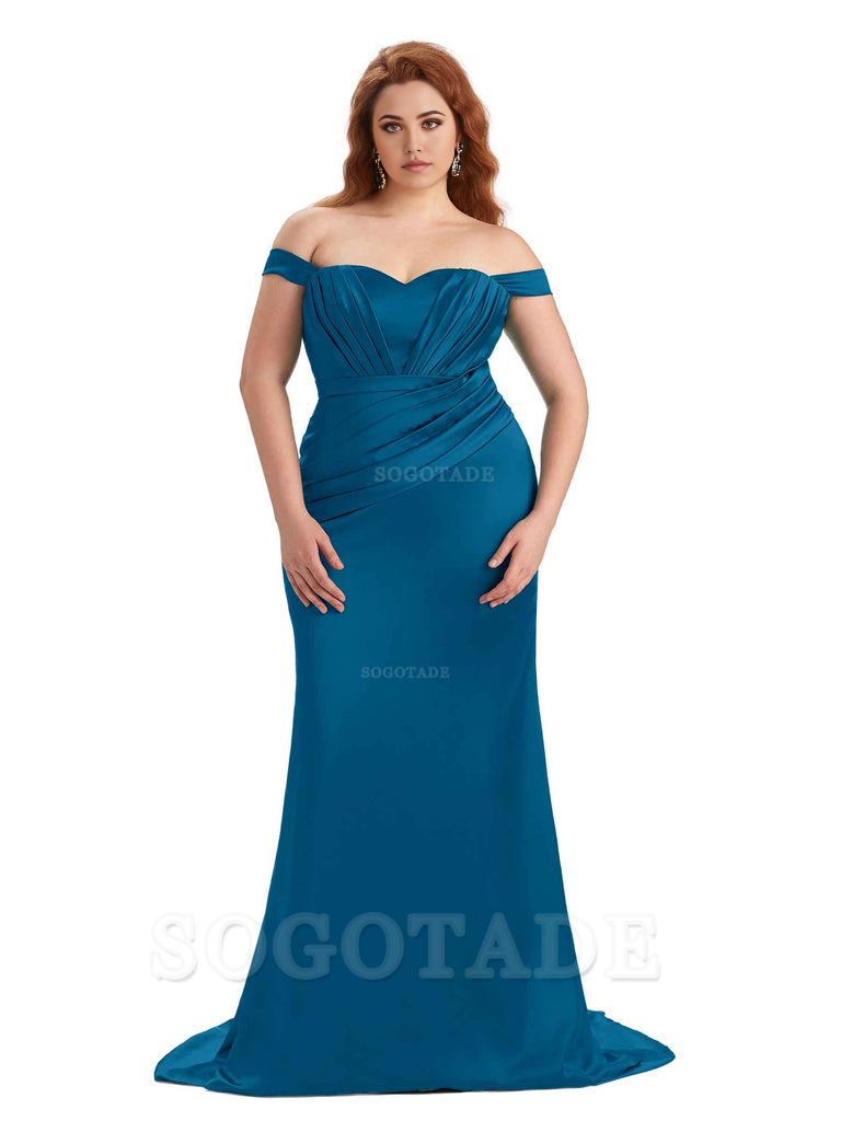 Sexy Mermaid Off The Shoulder Sweetheart Soft Satin Floor Length Long Plus Size Maid of Honor Dresses