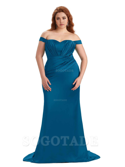 Sexy Mermaid Off The Shoulder Sweetheart Soft Satin Floor Length Long Plus Size Maid of Honor Dresses