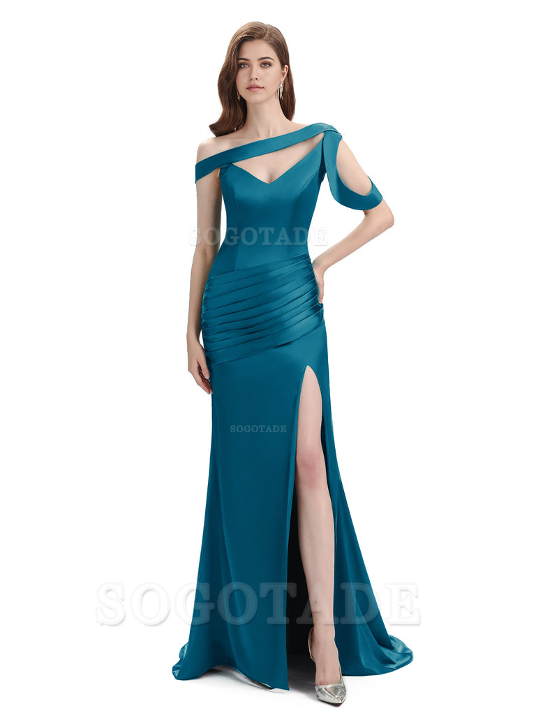 Mermaid V-Neck Satin Floor-Length formal dresses evening gown Bridesmaid Dresses With Side Slit 