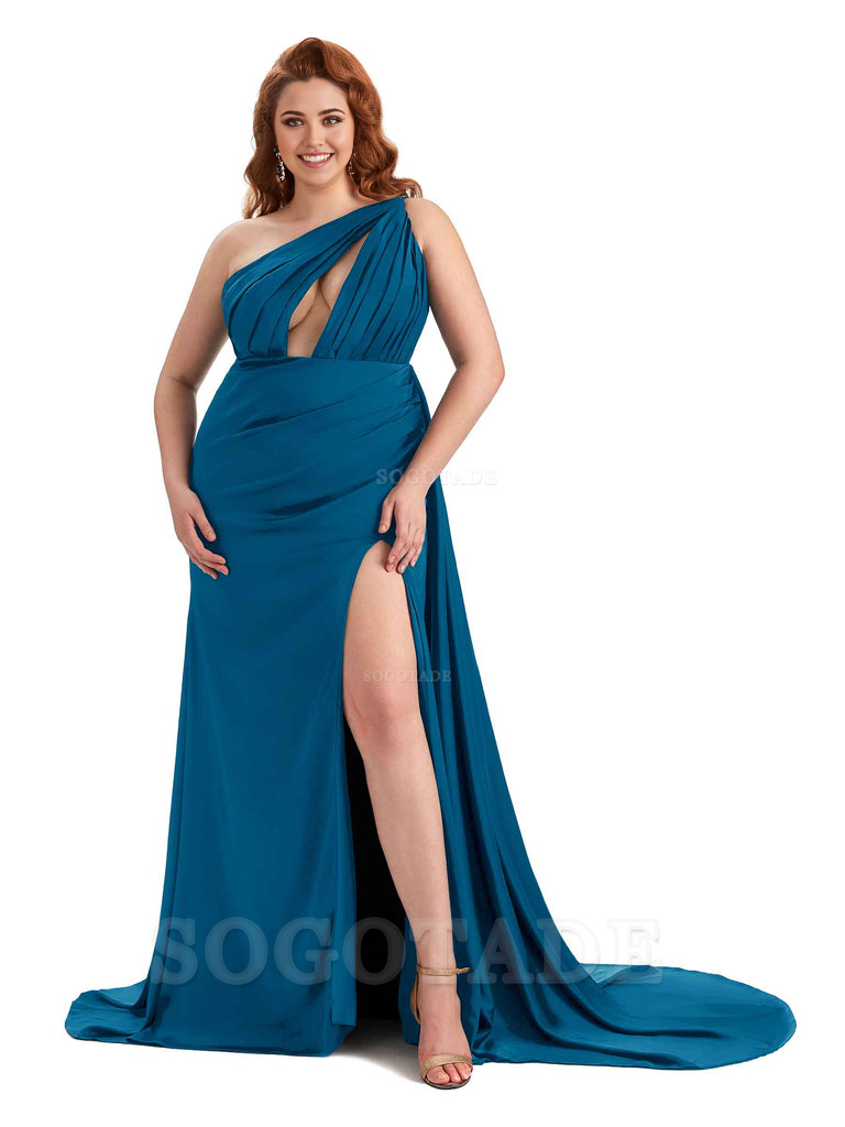 One Shoulder Sleeveless Sexy Side Slit Mermaid Soft Satin Long Plus Size Bridesmaid Dresses Online