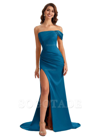 Unique One Shoulder Side Slit Satin Long Formal Dresses For Bridesmaid Dresses