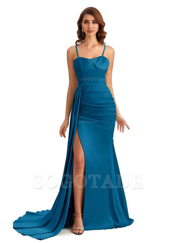 Sexy Spaghetti Straps Side Slit Mermaid Unique Long Bridesmaid Dresses In Satin