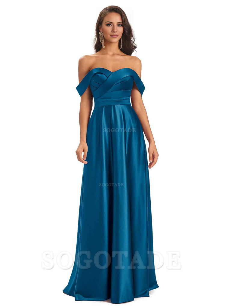Sexy Soft Satin Off The Shoulder A-Line Long Bridesmaid Dresses Elegant Evening Party Dress