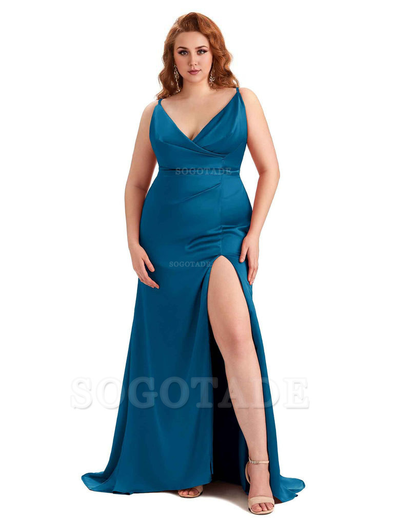 Sexy Side Slit Spaghetti Straps Mermaid Soft Satin Fashion Bridesmaid Dresses
