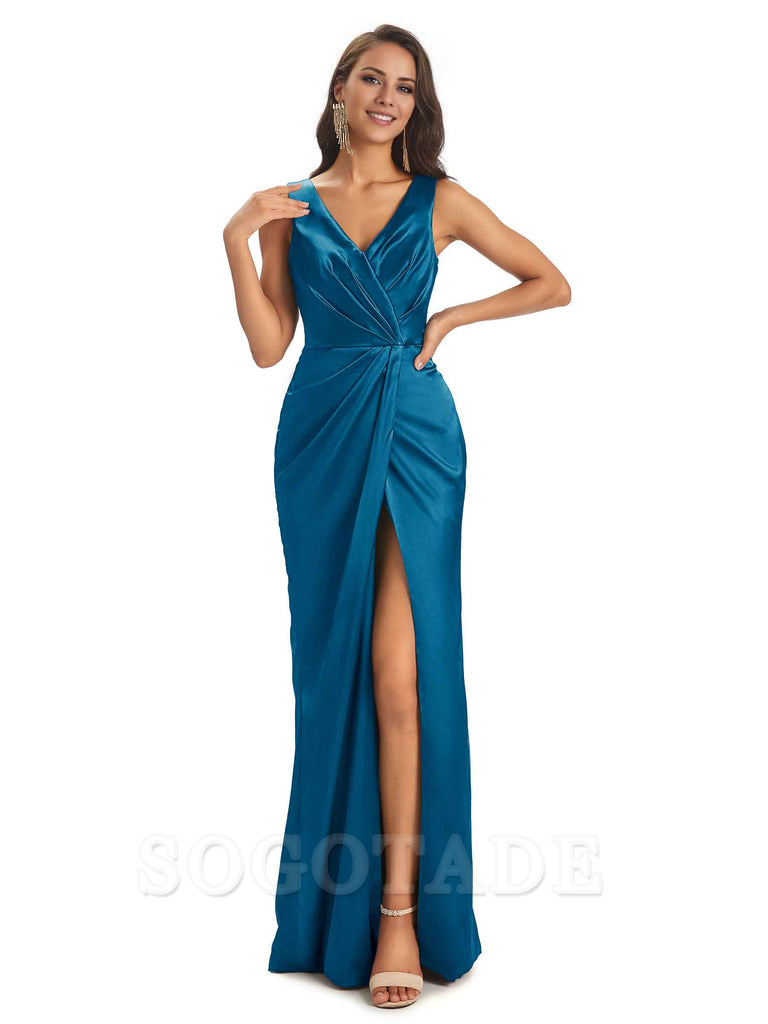 V-Neck Unique Long Satin Bridesmaid Dresses with Front Slit