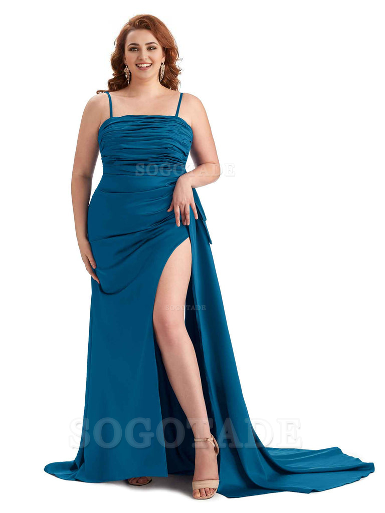 Sexy Side Slit Spaghetti Straps Mermaid Soft Satin Long Plus Size Bridesmaid Dresses Online