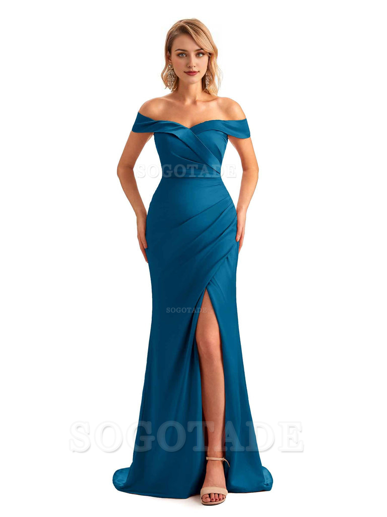 Off Shoulder Side Slit Mermaid Silky Satin Unique Long Formal Wedding Guest Dresses Online