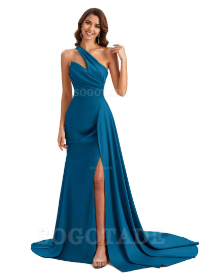 Mermaid One shoulder Satin formal dresses evening gown Bridesmaid Dresses With Side Slit 