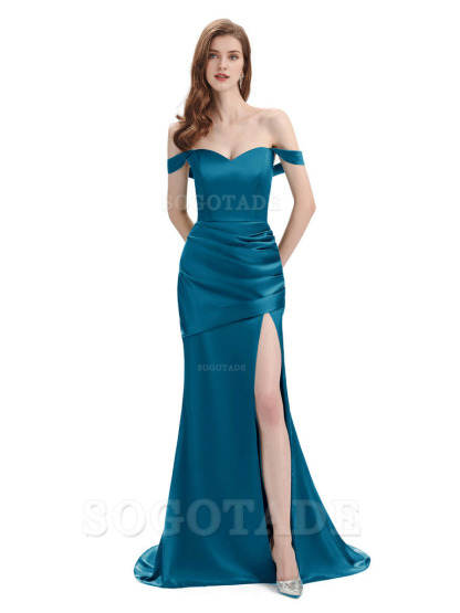 Sexy Soft Satin Side Hight Slit Off The Shoulder Floor-Length Mermaid Bridesmaid Dresses