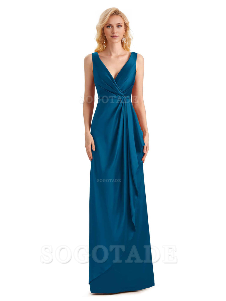 V Neck Elegant Soft Satin Formal Long Maid Bridesmaid Dresses Formal Wear Dresses