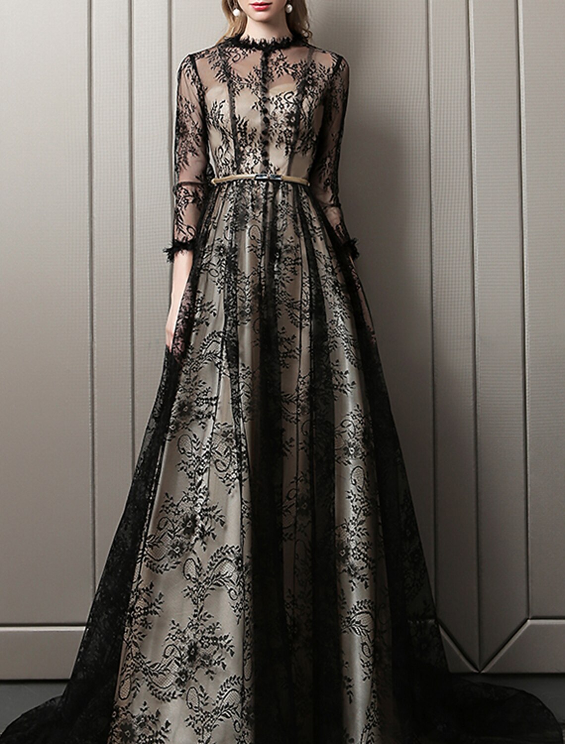 A-Line Evening Gown Cut Out Dress Wedding Guest Formal Evening Sweep / Brush Train 3/4 Length Sleeve Jewel Neck Lace with Pattern / Print 2024-SOGOTADE