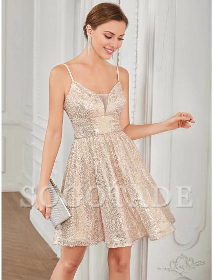 A-Line Homecoming Dresses Vintage Dress Homecoming Party Wear Short / Mini Sleeveless V Neck Pink Dress Sequined with Glitter Sequin-SOGOTADE