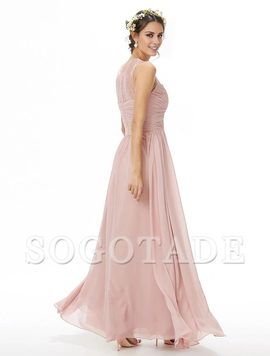 A-Line Bridesmaid Dress Jewel Neck Sleeveless See Through Floor Length Chiffon / Lace with Lace / Criss Cross / Pleats-SOGOTADE